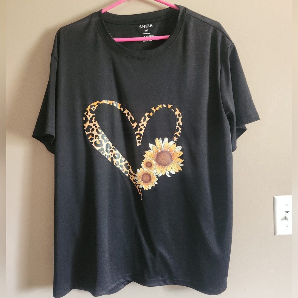 SHEIN Black Tee with Leopard Heart and Sunflower